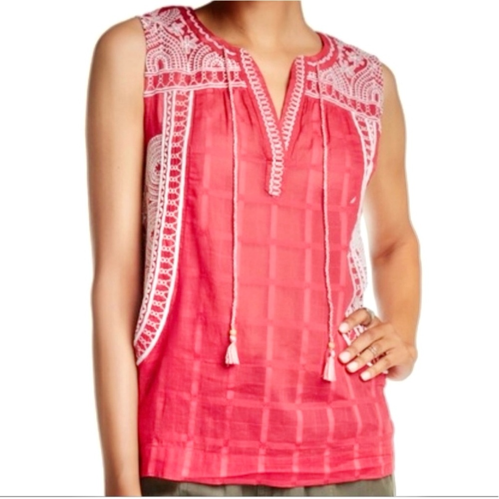 LUCKY BRAND Red Cotton Embroidered Top